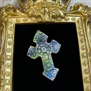 Colorful Ceramic Cross with Gold Etching Brooch
